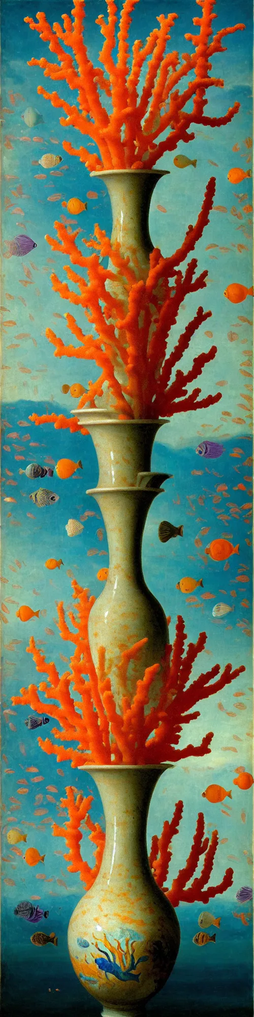 Image similar to bottle vase of coral under the sea and in the sky decorated with a dense field of stylized scrolls that have opaque outlines enclosing mottled blue washes, with orange shells and purple fishes, ambrosius benson, oil on canvas, hyperrealism, light color, no hard shadow, around the edges there are no objects