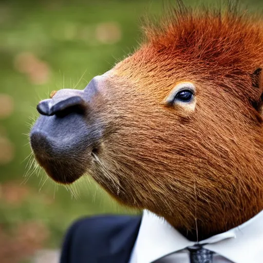 Image similar to an antropomorphic capybara wearing a suit smoking a cigar