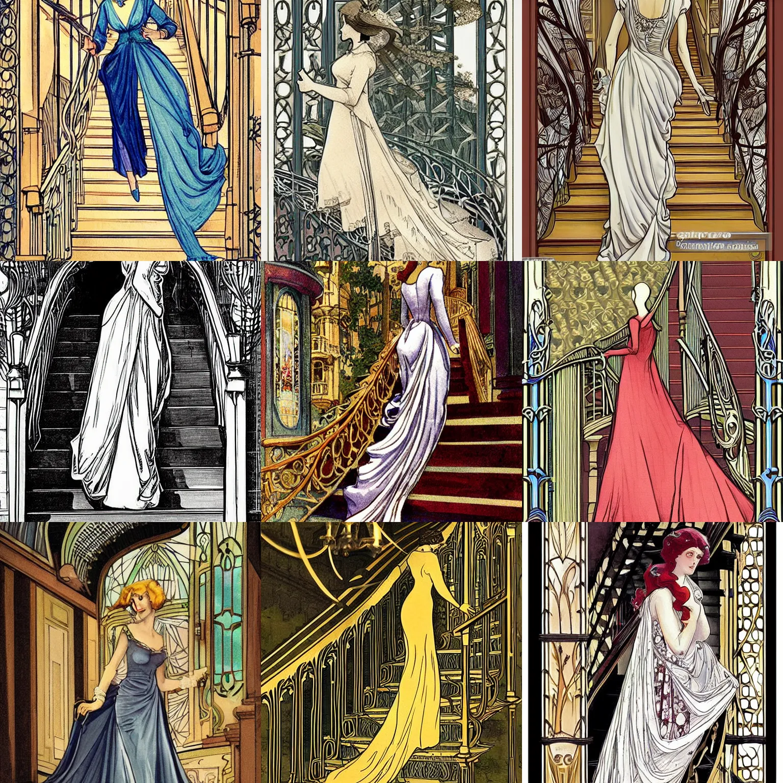 Prompt: a woman in a long dress with a train, walking down a staircase. art nouveau, detailed, ornate, elegant, luxurious, rich