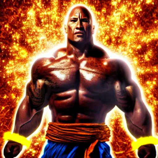 Prompt: full shot of Dwayne Johnson as a warrior style goku super saiyan at moonlight, snowing, lightning bolt, detailed, unreal engine 4k volumetric light, fog,