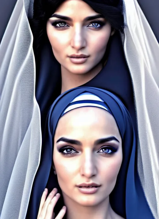 Image similar to arab ameera al taweel, blue eyes, long wavy black hair, white veil, in the style of stefan kostic, realistic, sharp focus, 8k high definition, insanely detailed, intricate, elegant, art by stanley lau and artgerm