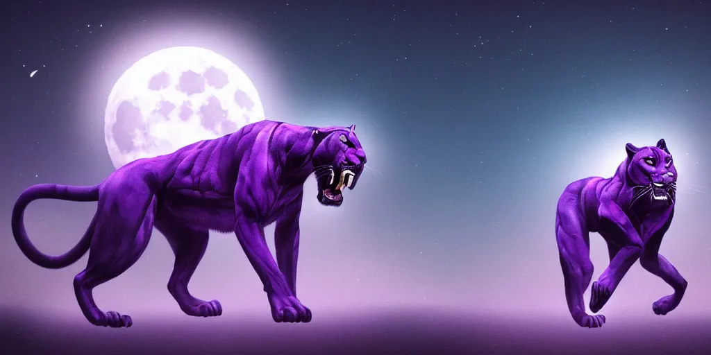 Image similar to digital painting of a large purple colored panther roaring at night. large moon in the center of the background. digital drawing, illustration, 4 k, render, matte, highly detailed, artstation, realistic, dramatic, darkness, moon.