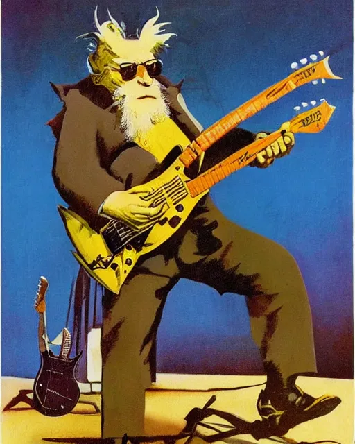 Image similar to Hans Moleman shredding on a Gibson Flying V, guitar solo, heavy metal artwork by Frank Frazetta