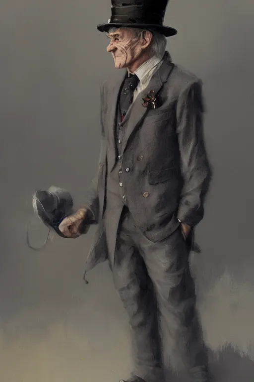 Image similar to A grey hair old halfling with stubble top hat and suit by Greg Rutkowski, painting, HD, high details, trending on artstation