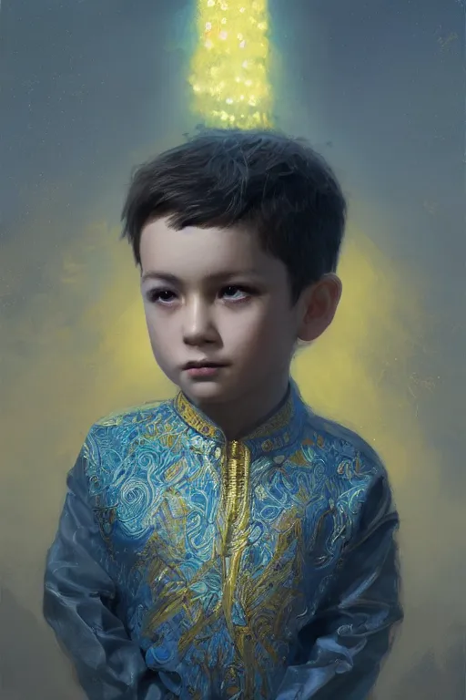 Image similar to little boy, close - up portrait, the portrait is decorated with blue and gold art deco patterns, powerfull, intricate, elegant, volumetric lighting, scenery, digital painting, highly detailed, artstation, sharp focus, illustration, concept art, ruan jia, steve mccurry