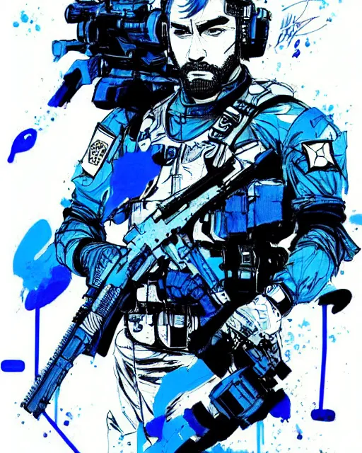 Prompt: portrait of a special ops swat officer, blue color splash, concept art, sumi - e style, intricate linework, artstation, trending, highly detailed, smooth, focus, art by yoji shinkawa,