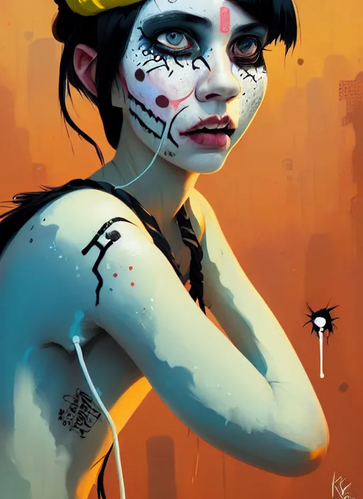 Image similar to highly detailed portrait of a sewer punk 2 1 year old lady with white graffiti face paint by atey ghailan, james gilleard, by joe fenton, by greg rutkowski, by greg tocchini, by kaethe butcher, 4 k resolution, gradient yellow, black, brown and cyan color scheme, grunge aesthetic!!! ( ( dystopian graffiti tag wall in background ) )