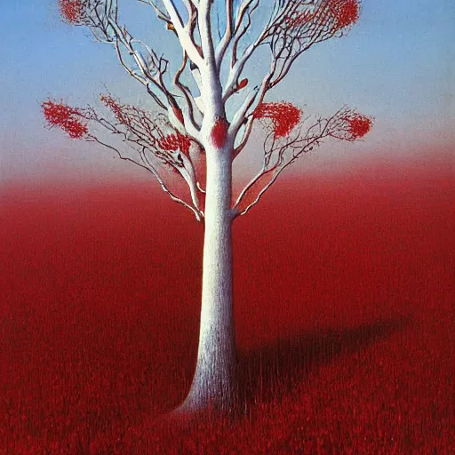 Prompt: white tree with red flowers made by zdzisław beksinski