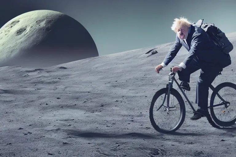 Image similar to A professional photo of Boris Johnson riding a bicycle on the moon; high-quality, dramatic lighting, extremely high detail, trending on artstation