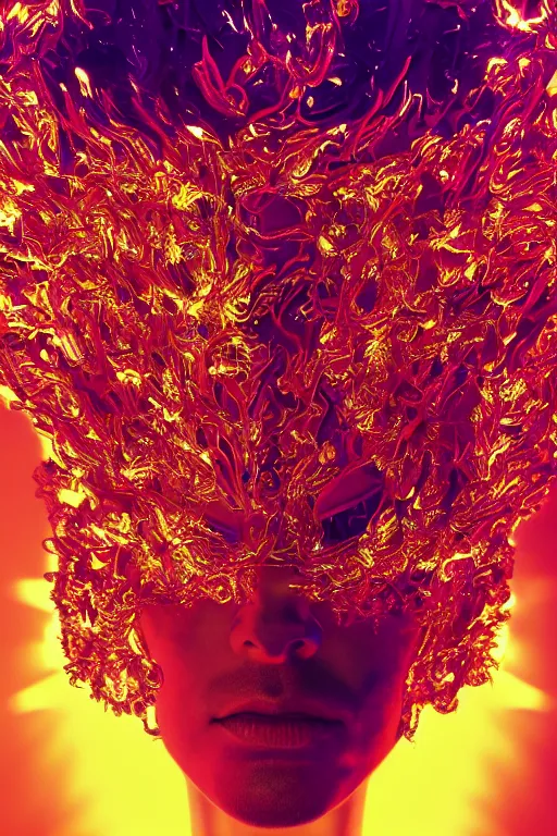 Prompt: hyper detailed ultra sharp portrait of baroque and bladerunner delicate neon ruby sculpture of seductive albino prince royce tigers orange iridescent humanoid deity wearing metallic hoody made out of leaves holding the sun prismatic dungeon, glowing rainbow face, crown of white diamonds, cinematic lighting, photorealistic, octane render 8 k depth of field 3 d