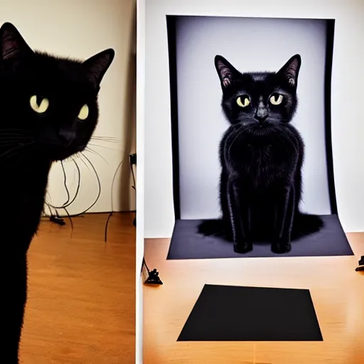 Prompt: black cat sitting in a photo studio, photorealistic