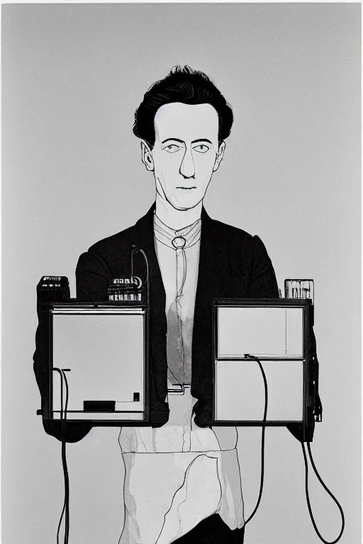 Image similar to a minimalist portrait of Marcel Duchamp holding computer cables in the style of Annie Leibovitz, Irving Penn, Hito Steyerl, Akira Kurosawa, Shinya Tsukamoto, line drawing and 35mm film, wide angle, monochrome, futuristic tetsuo