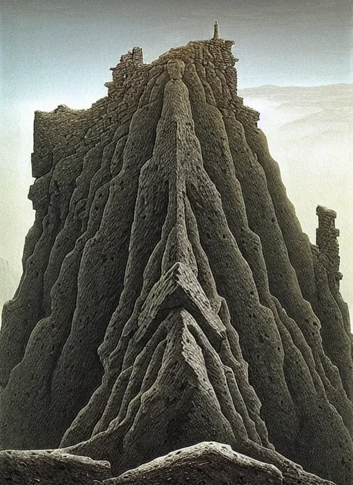 Prompt: A mountain look like a women, troglodyte city, monumental sculpture, ruin, by Artgem and Zdzislaw Beksinski, by Kaspar David Friedrich