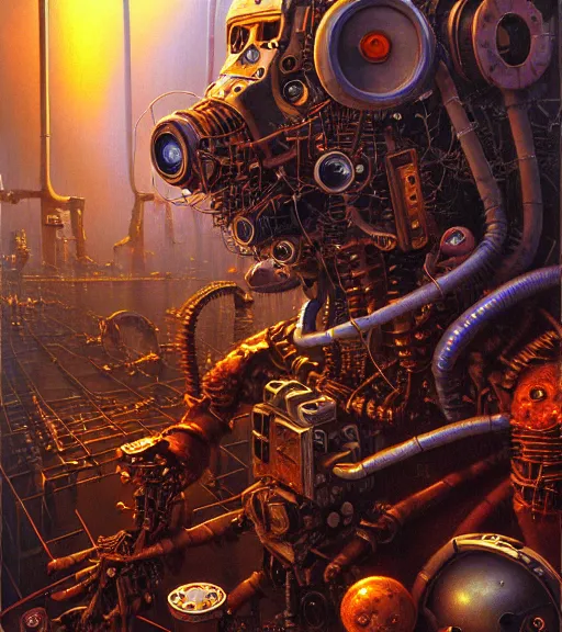 Prompt: portrait of junky men, cybertronic gadgets, flesh with technology, durty colours, rotten textures, rusty shapes, biotechnology, dariusz zawadzki, tim hildebrandt, wayne barlow, bruce pennington, larry elmore, oil on canvas, deep depth field, masterpiece, cinematic composition, hyper - detailed, hd, hdr