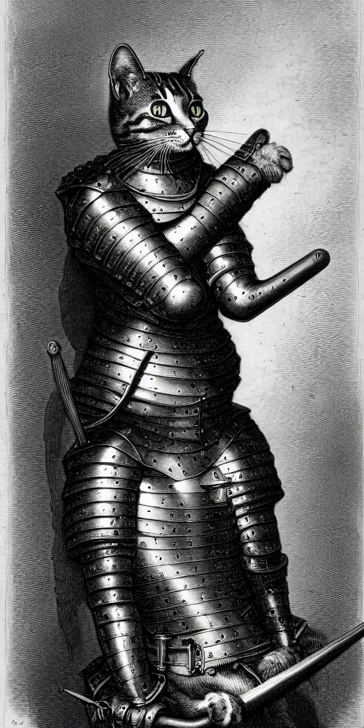 Prompt: engraving portrait of humanoid cat in medieval armoury by gustave dore. trending on deviant art, street art, chillwave, maximalist, full of color, glittering, 8 k, hd