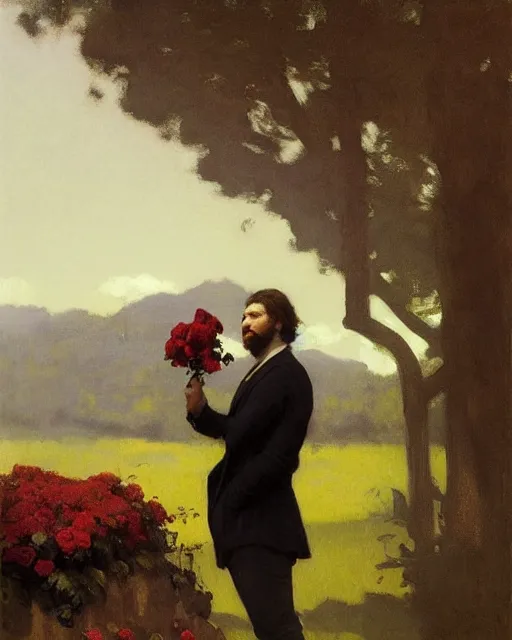 Prompt: a guy waiting for his love to come, holding roses, art by greg rutkowski, gustave courbet, rosa bonheur, edward hopper. faithfully depicted facial expression, perfect anatomy, sharp focus, global illumination, radiant light, detailed and intricate environment, trending on artstation