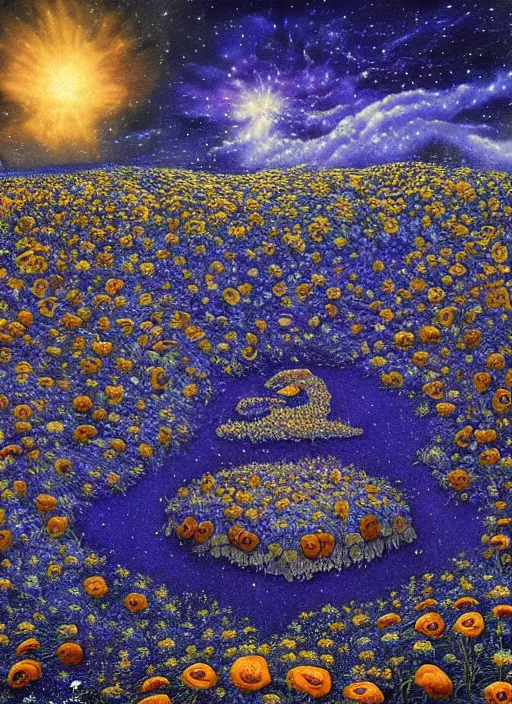 Image similar to detailed, intricate blue black and purple papaverum flower on the field, nebula, galaxy in the sky, winning award masterpiece, fantastically beautiful, illustration, aestheticly inspired, jacek yerka, upscale with anguissola sofonisba work, artstation, 8 k