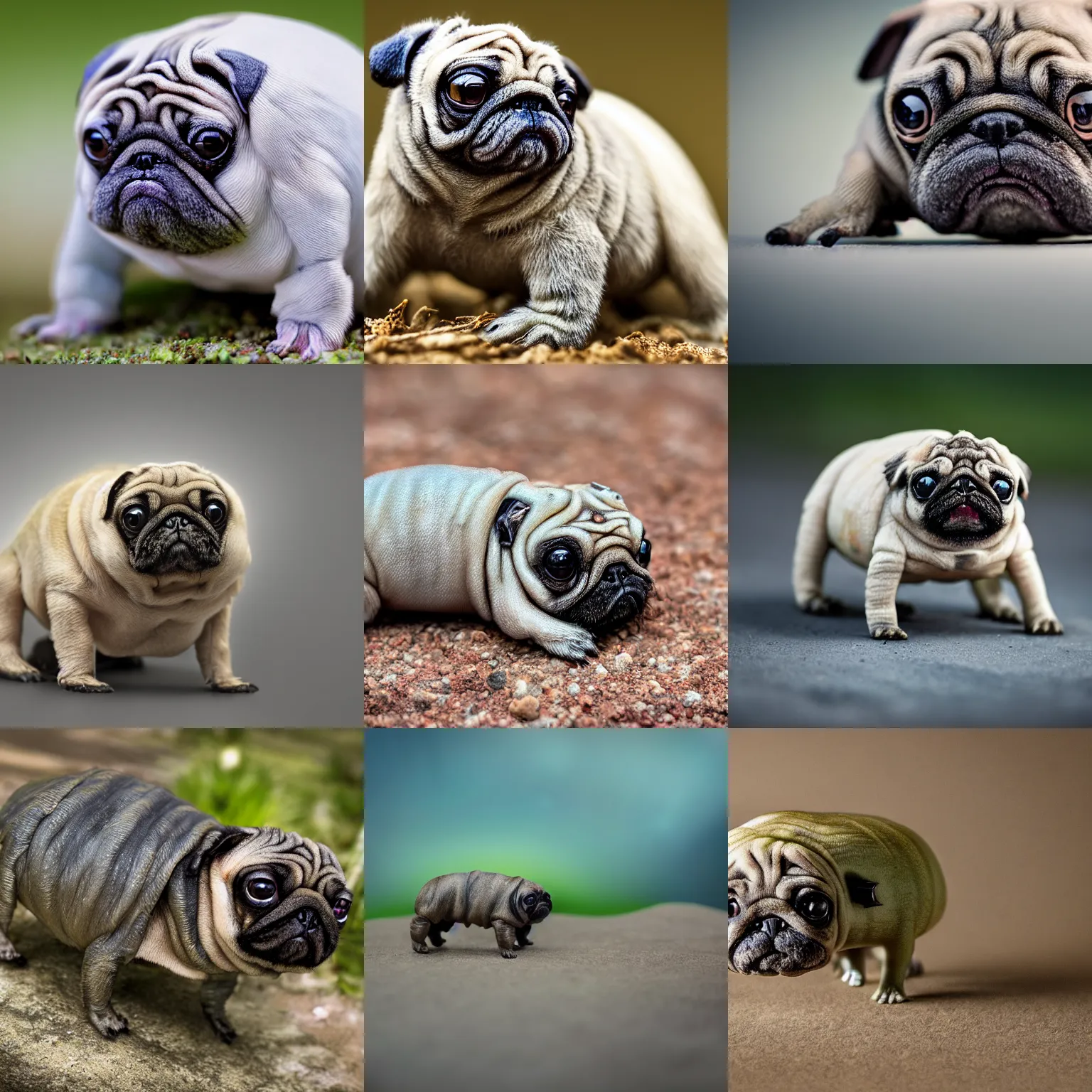 Prompt: Realistic photo of six-legged tardigrade pug hybrid, macro photography, hyper cute, microorganism, tilt shift, National Geographic, award winning, 4k definition