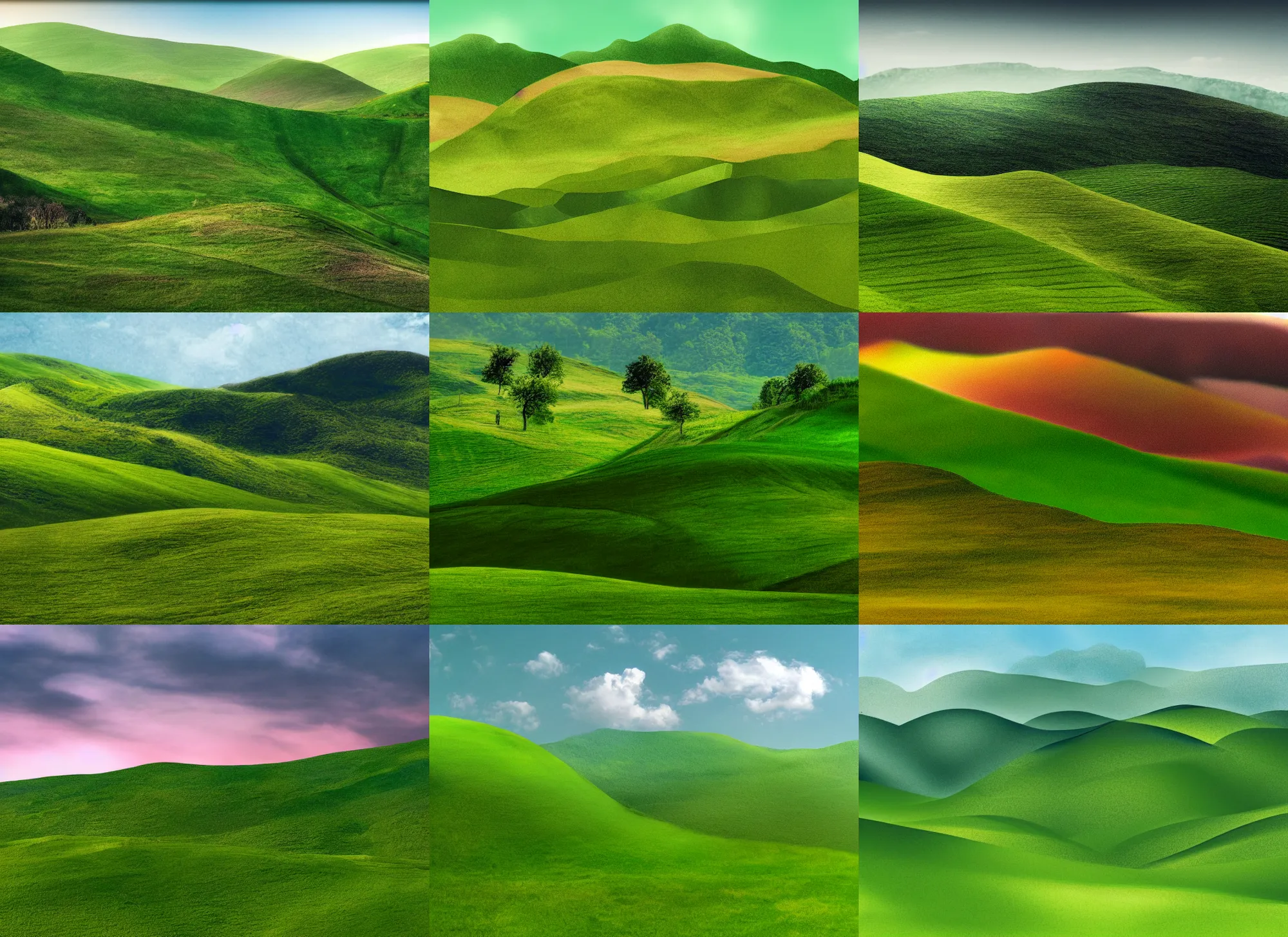 Prompt: a hilly landscape made in photoshop with green layers, layered, green, landscape