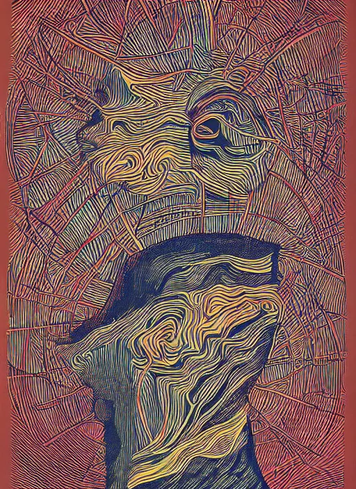 Prompt: A wandering mind, screen print, art by Gustavo Bernal, Garavato