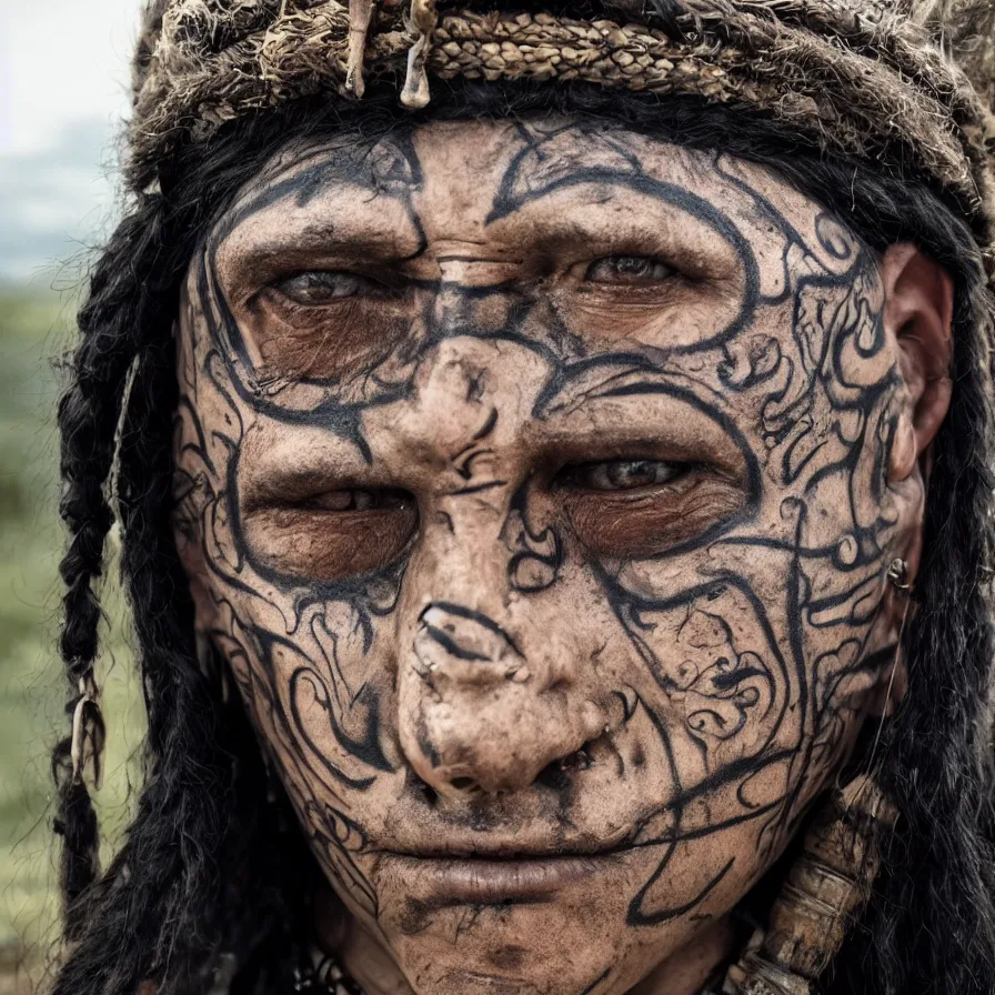 Image similar to extremely detailed award winning national geographic face portrait photography uncut centered and realistic from ancient mayan elder shaman warrior with terrifying face tattoos and heavy bone piercings . 64megapixel. 4k 8k. Photorealistic artwork. Influenced by the movie apocalypto. Landscape background what is slightly blurry and windy.