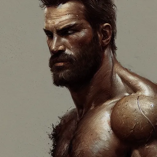 Image similar to portrait of a rugged ranger, muscular, upper body, hairy torso, D&D, fantasy, intricate, elegant, highly detailed, digital painting, artstation, concept art, smooth, sharp focus, illustration, art by greg rutkowski