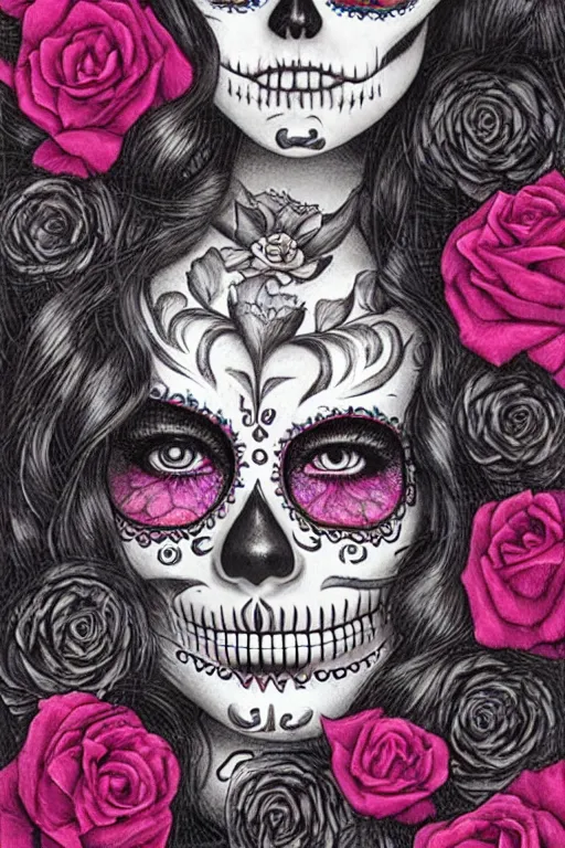 Image similar to Illustration of a sugar skull day of the dead girl, art by Ed Binkley