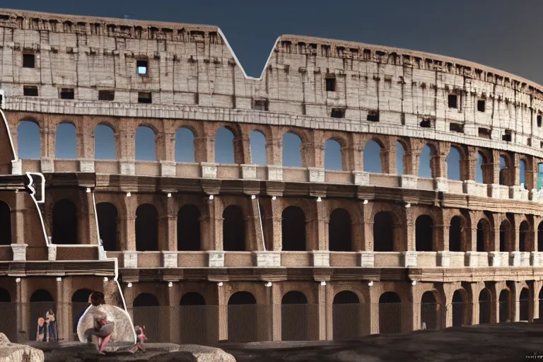 Image similar to a huge gelato on top of the Colosseum, photorealistic, cinematic lighting, high detail, cinematic feel, high octane, 4K, Unreal Engine