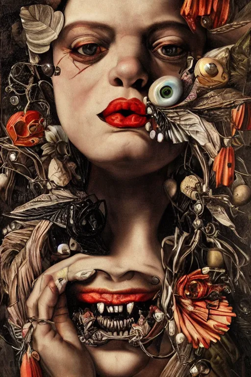 Image similar to Detailed maximalist portrait with large lips and with large eyes, angry expression, HD mixed media, 3D collage, highly detailed and intricate illustration in the style of Caravaggio, dark art, baroque