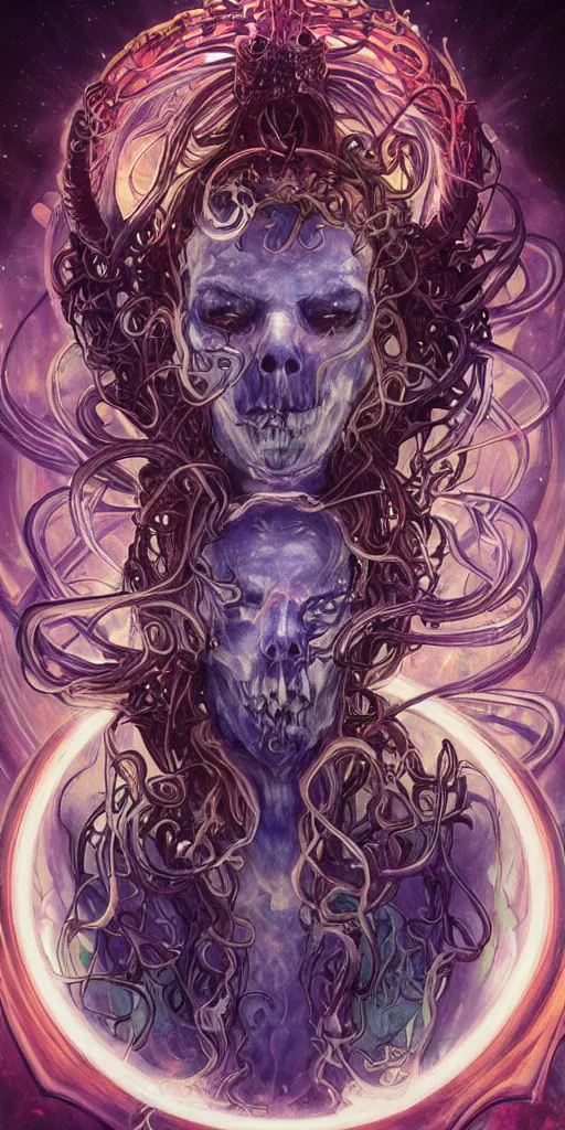 Image similar to intense glowing angry pagan god with horns and tentacles and intense glowing eyes and a skull in very dark cosmic space by karol bak and artgerm and alphonse mucha, portrait, fantasy, clear, light beams, lens flare, intense, uhd, amazing depth, cinematic lighting, purple and teal and indigo and cyan
