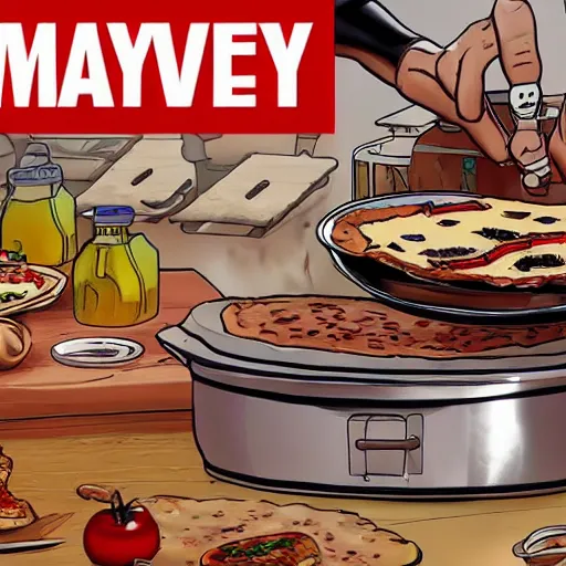 Prompt: Stas Asket YouTube cooking pizza for dinner, marvel comics, intricate, highly detailed, smooth, artstation