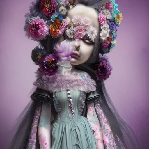 Image similar to 8 k, octane render, realism, tonalism, renaissance, rococo, baroque, cotton candy, portrait of a creepy young lady wearing long - harajuku manga - dress with flowers and skulls