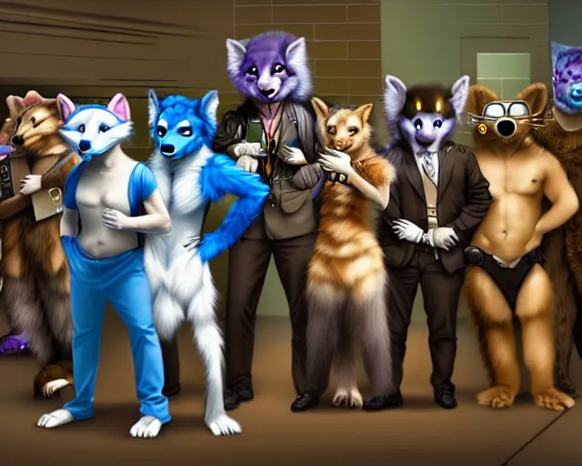 Image similar to high - resolution photograph from a nanopunk era furry fandom convention ( midwest furfest 2 0 4 7 ), taking place after the genetic revolution and singularity. photorealistic.