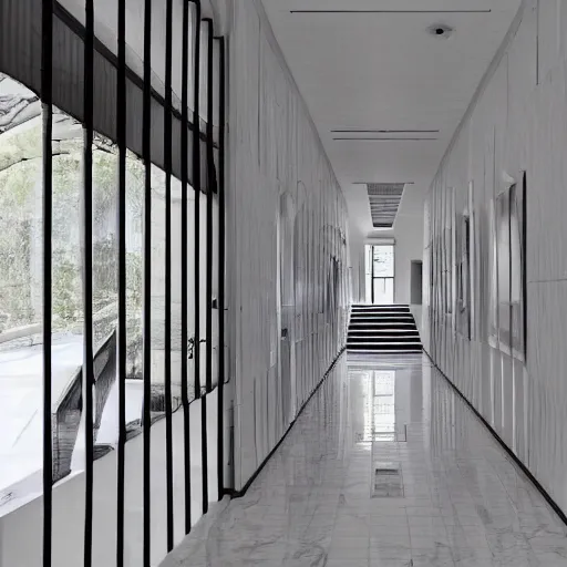 Prompt: photo of a vast interior space of randomly connected corridors, stairs and rooms. ceramic white tiles on all the walls.