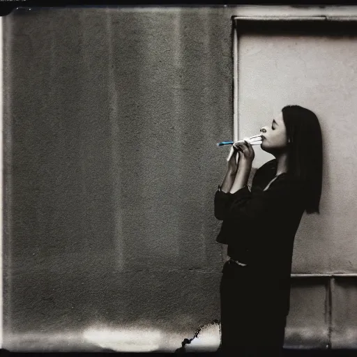 Prompt: a beautiful instant photograph of a woman smoking in the street, leaning on the wall, polaroid, technicolor, rule of thirds, light leak, raw, black clothing