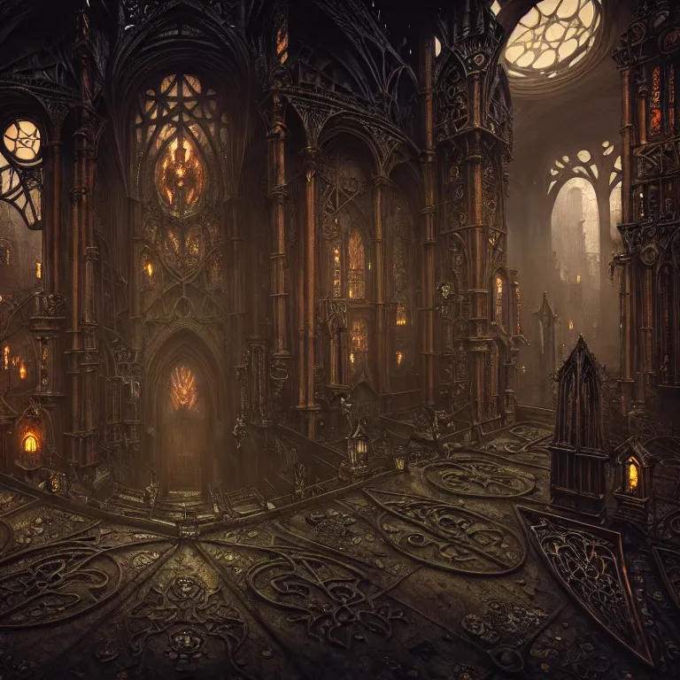 Image similar to steam necropolis, memento mori, gothic, neo - gothic, art nouveau, hyperdetailed copper patina medieval icon, stefan morrell, philippe druillet, ralph mcquarrie, concept art, steampunk, unreal engine, detailed intricate environment, octane render, moody atmospherics, volumetric lighting, ultrasharp, ominous, otherworldly