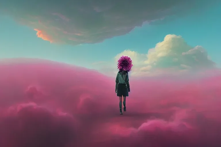 Image similar to giant dahlia flower on - head, girl walking on mountain, surreal photography, pink storm clouds, dramatic light, impressionist painting, digital painting, artstation, simon stalenhag