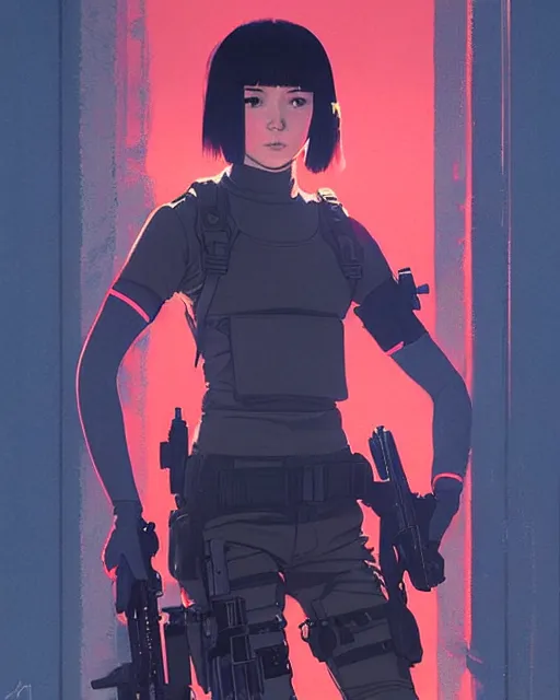 Image similar to girl wearing in tactical gear | | audrey plaza, fine detail!! anime!! realistic shaded lighting!! dramatic!! poster by ilya kuvshinov katsuhiro otomo ghost - in - the - shell, magali villeneuve, artgerm, jeremy lipkin and michael garmash and rob rey