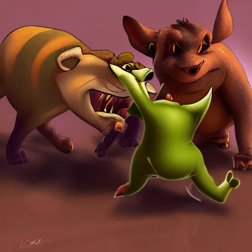 Image similar to a fight between Timon and Pumba, digital art, epic