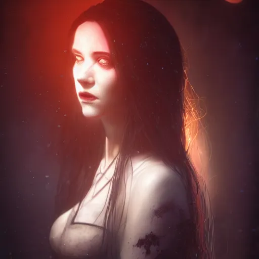 Image similar to Riveting Charismatic female vampire Pandora, portrait, atmospheric lighting, painted, intricate, Highgate cemetery, volumetric lighting, beautiful, moon light, sharp focus, ultra detailed, by Leesha Hannigan, Ross Tran, Thierry Doizon, Kai Carpenter, Ignacio Fernández Ríos