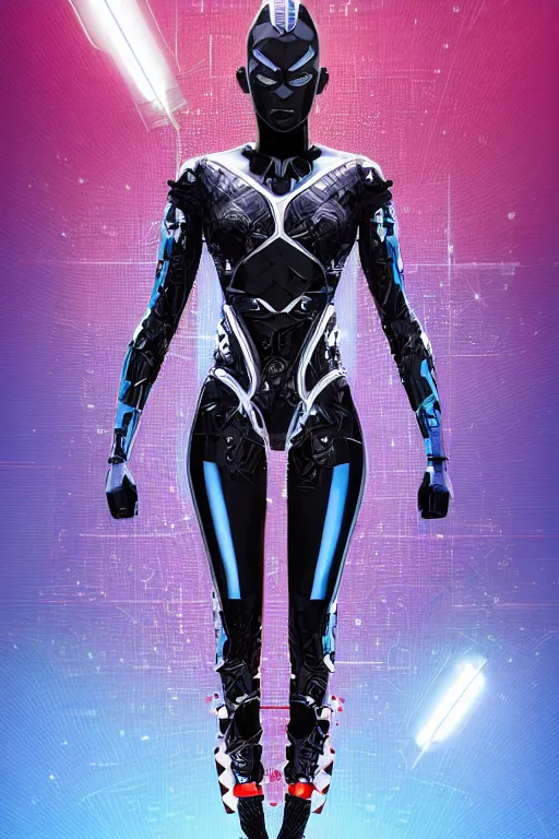 Image similar to full body portrait of the African Android Queen, by DC comics and Sandra Chevrier and beeple, artstation, volumetric lighting, hyperrealism, futuristic royalty, strong and muscular, award winning costume design, cybernetic cyborg, fashion show runway, futuristic fine textures, woven with electricity, high fashion superpowers, wakanda, 4k UHD, 35mm