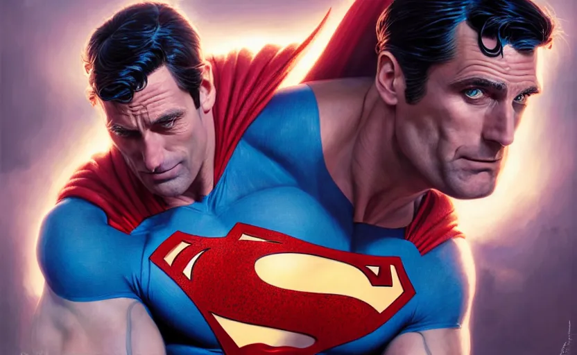 Prompt: highly detailed portrait of john hamm as superman, in dc comics, stephen bliss, unreal engine, fantasy art by greg rutkowski, loish, rhads, ferdinand knab, makoto shinkai and lois van baarle, ilya kuvshinov, rossdraws, tom bagshaw, global illumination, radiant light, detailed and intricate environment