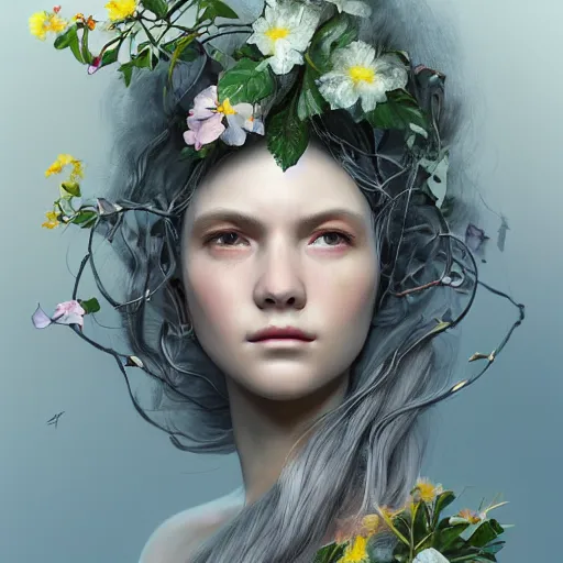 Prompt: a beautiful fine art RPG portrait photo of a sleeping robot female cyborg, spread out wavy hair covered by hibiscus, daffodils, hydrangea, montsera leaves by tom bagshaw, soft studio lighting, soft vignette, 50mm lens, very detailed, bionic, cybernetic scifi, deep depth of field, artstation, 4K