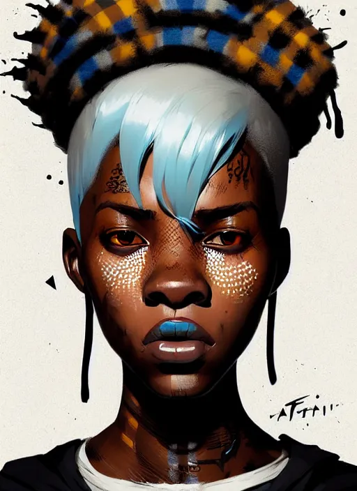 Prompt: highly detailed portrait of a sewer punk african lady, tartan hoody, white afro hair by atey ghailan, by greg rutkowski, by greg tocchini, by james gilleard, by joe fenton, by kaethe butcher, gradient cyan, brown, blonde cream and white color scheme, grunge aesthetic!!! ( ( graffiti tag wall background ) )