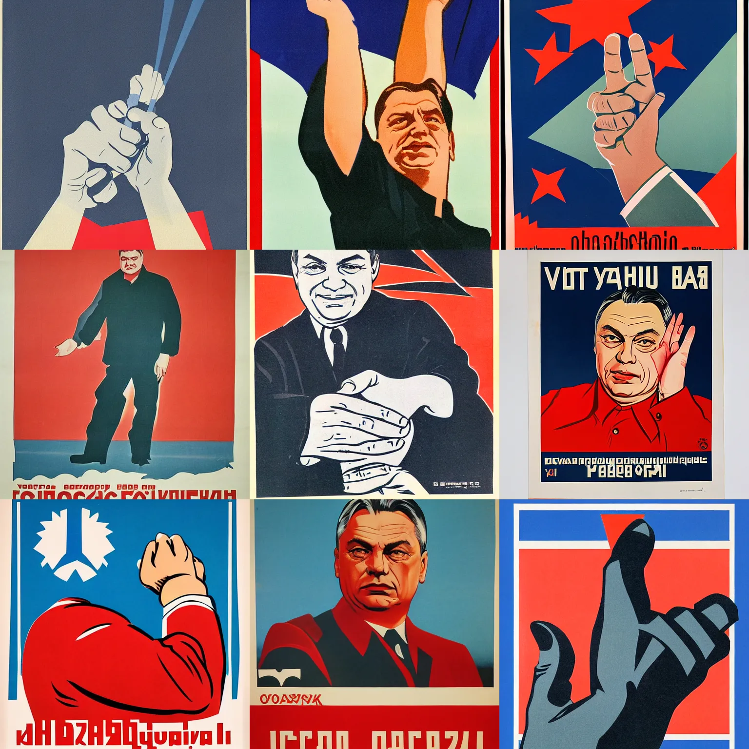 Prompt: soviet propaganda poster of viktor orban holding a hand showing no
