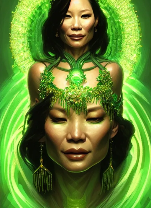 Image similar to lucy liu as green goddess, intricate, elegant, glowing lights, highly detailed, digital painting, artstation, full figure, glamor pose, concept art, smooth, sharp focus, illustration, art by artgerm and greg rutkowski, artey freytag