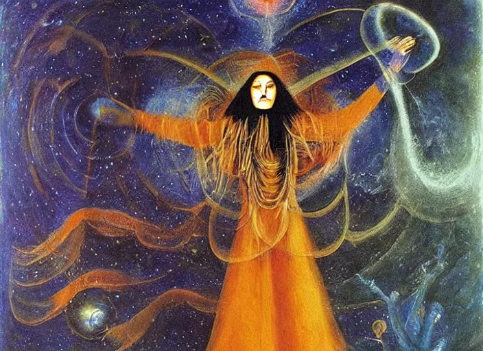 Prompt: a shaman woman holding up the cosmic!!! universe, by remedios varo, reflection, symbolist, psychedelic colors, dramatic lighting, smooth, sharp focus, extremely detailed, aesthetically pleasing composition