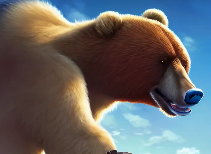 Image similar to character portrait feature of the anthro male anthropomorphic kamchatka brown bear fursona wearing airline pilot outfit uniform professional pilot for delta airlines character design stylized by charlie bowater, ross tran, artgerm, and makoto shinkai, detailed, soft lighting, rendered in octane