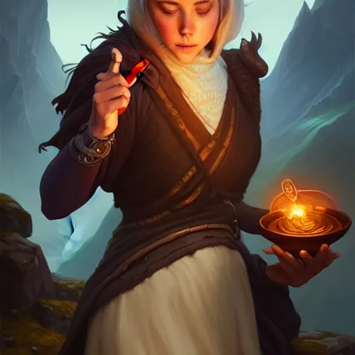 Image similar to female, wizard, smoking, glacier landscape, norway, D&D, fantasy, intricate, elegant, highly detailed, digital painting, artstation, octane render, concept art, matte, sharp focus, illustration, hearthstone, art by Artgerm and Greg Rutkowski and Alphonse Mucha