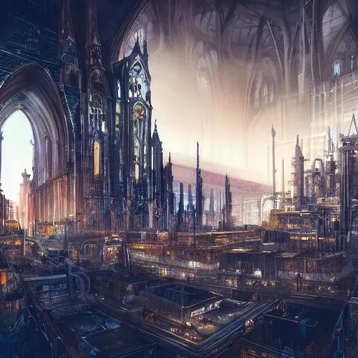 Prompt: a cathedral surrounded by industrial factories in an underground city, futuristic, gothic, sci-fi, brutalism, hyperdetailed, Cinematic, Ultra-Wide Angle, Kinemacolor, Massive, Artstation, 8k
